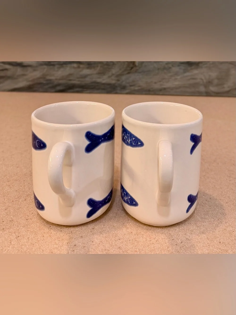 Blue Fish Ceramic Coffee Mugs Tea Cups White & Blue CMG Portugal Tall - Set of 2